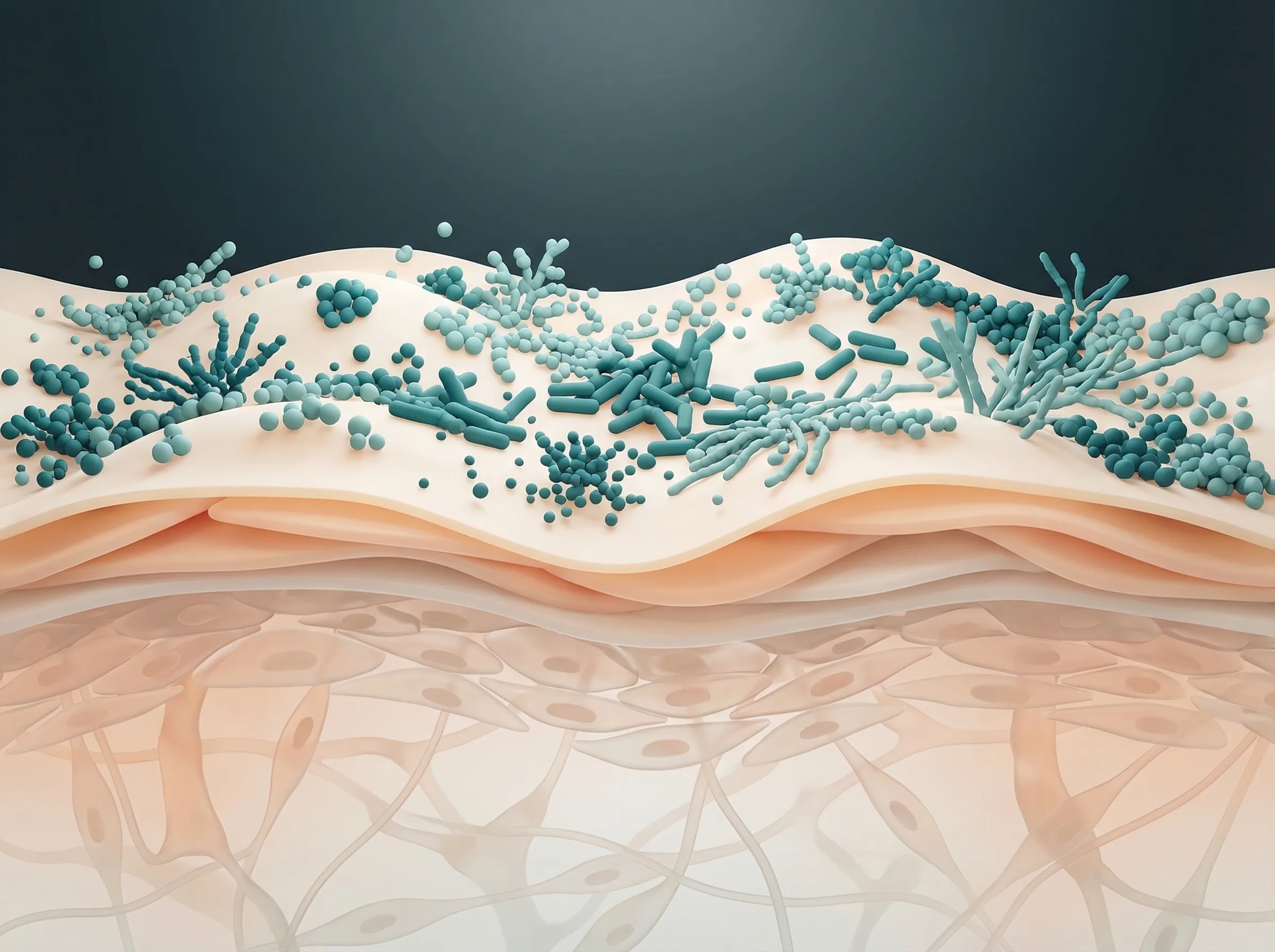 Cross-section of skin layers with thriving microbiome colonies