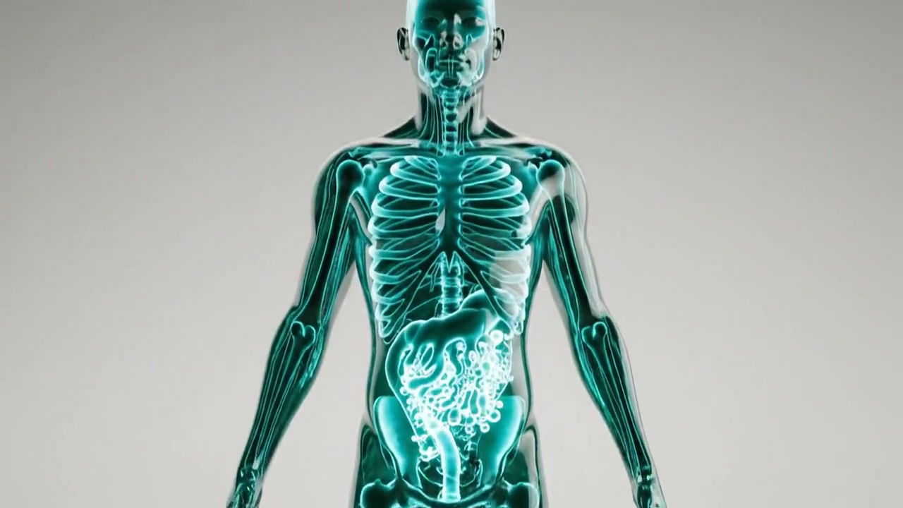 Translucent human figure with visible microbiome growing from earth