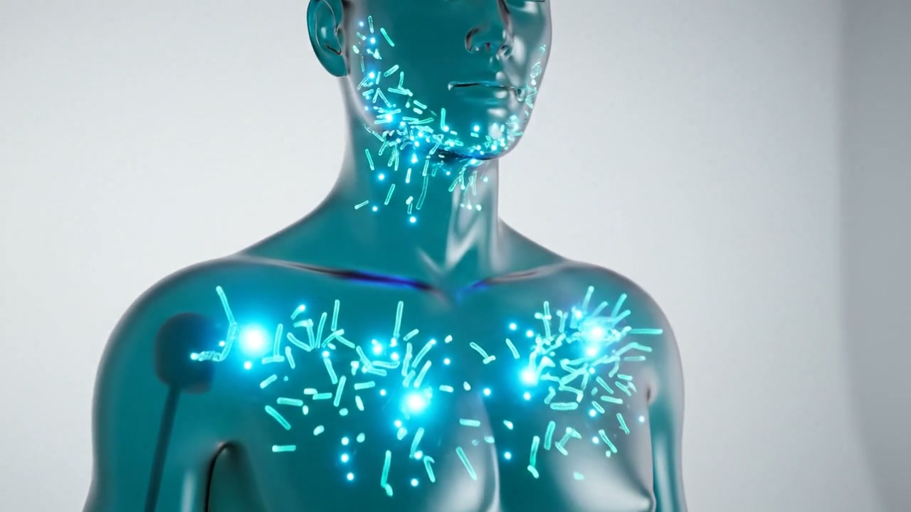 Translucent teal mannequin with bioluminescent skin microbiome
